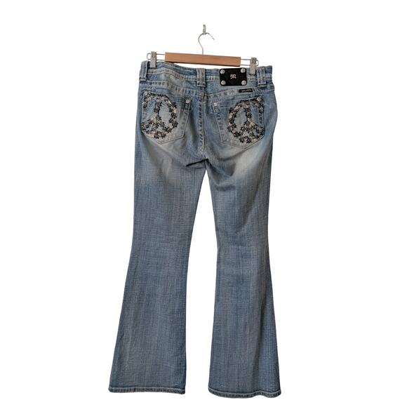 Miss Me Y2K Flared Leg Jeans "Peace Sign" Embroidered Pockets Size 28 Studded - Picture 2 of 12
